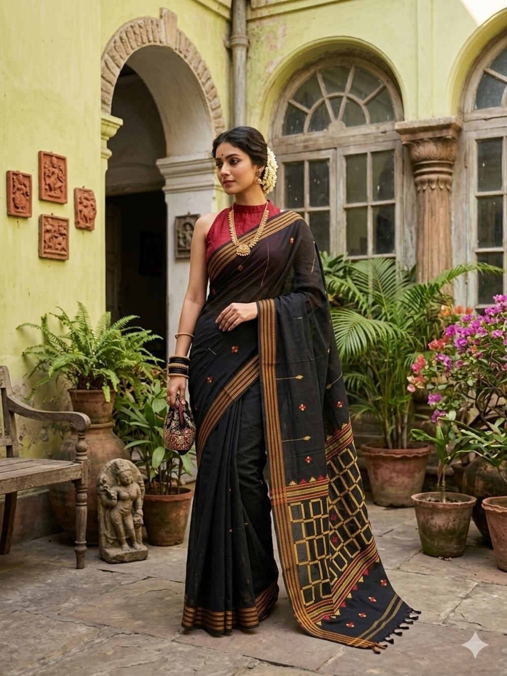 Black Geometric & Floral Border Saree with Gold and Red Accents